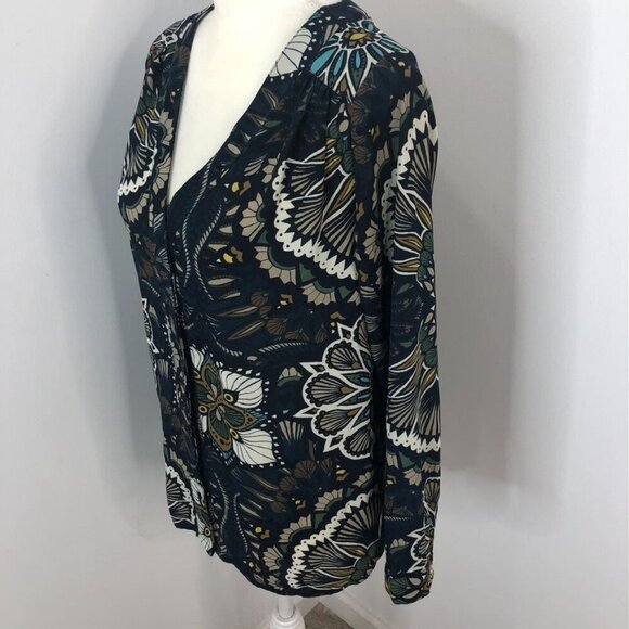 H&M Floral Print Long Sleeve V-Neck Blouse Size 4 Button Front Brown Blue Office - Picture 3 of 14